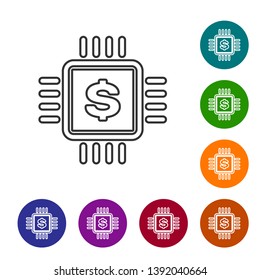Grey Processor chip with dollar line icon on white background. CPU and a dollar sign. Set icon in color circle buttons. Vector Illustration