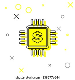 Grey Processor chip with dollar line icon isolated on white background. CPU and a dollar sign. Vector Illustration