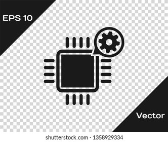 Grey Processor and gear icon isolated on transparent background. CPU, chip service concept. Adjusting app, setting options, maintenance, repair, fixing. Vector Illustration