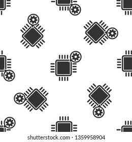 Grey Processor and gear icon isolated seamless pattern on white background. CPU, chip service concept. Adjusting app, setting options, maintenance, repair, fixing. Vector Illustration