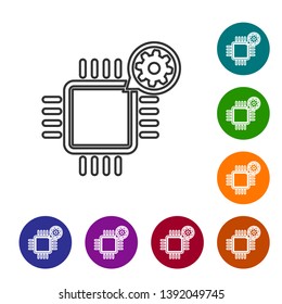 Grey Processor and gear line icon on white background. CPU, chip service concept. Adjusting app, setting options, maintenance, repair, fixing. Set icon in color circle buttons. Vector Illustration