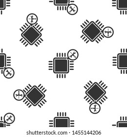 Grey Processor with screwdriver and wrench icon isolated seamless pattern on white background. Adjusting, service, setting, maintenance, repair, fixing.  Vector Illustration