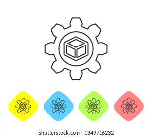Grey Product development line icon isolated on white background. Gear and cube. Product development symbol design from Startup collection. Set icon in color rhombus buttons. Vector Illustration