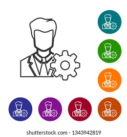 Grey Profile settings line icon isolated on white background. User setting icon. Profile Avatar with cogwheel sign. Account icon. Male person silhouette. Vector Illustration