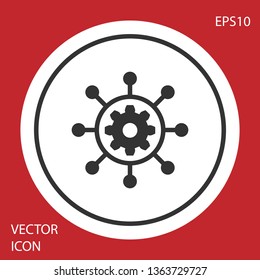 Grey Project management icon isolated on red background. Hub and spokes and gear solid icon. Circle button. Vector Illustration