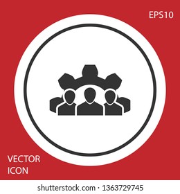Grey Project team base icon isolated on red background. Business analysis and planning, consulting, team work, project management. Developers. Circle button. Vector Illustration