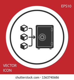 Grey Proof of stake icon isolated on red background. Cryptocurrency economy and finance collection. White circle button. Vector Illustration
