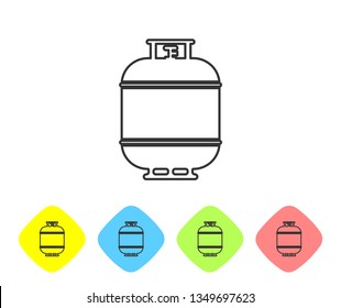 Grey Propane gas tank line icon isolated on white background. Flammable gas tank icon. Set icon in color rhombus buttons. Vector Illustration