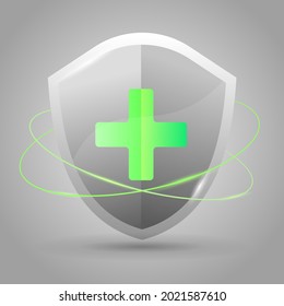 Grey protection shield with green cross. Vector illustration for online marketing and business. Medical safety, insurance or help. Template for website, mailing or poster.