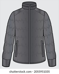 GREY PUFFER UNISEX JACKET WITH SATIN CUFFS AND SHOULDER YOKE DESIGNED FOR MEN AND WOMEN IN VECTOR ILLUSTRATION