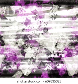 Grey, purple stripes and triangles. Seamless texture