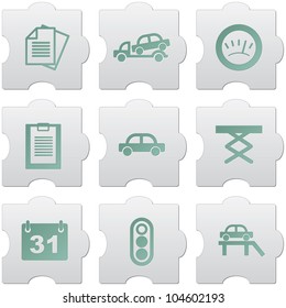 grey puzzle buttons with green signs and icons for web design, print, high quality print and for marking use