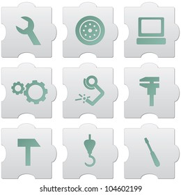 grey puzzle buttons with green signs and icons for web design, print, high quality print and for marking use