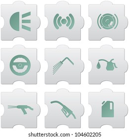 grey puzzle buttons with green signs and icons for web design, print, high quality print and for marking use