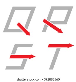 Grey Q R S T letters with red arrows. Logo sign set, Motion concept