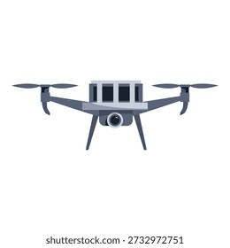 Grey quadcopter drone with camera, hovering and recording