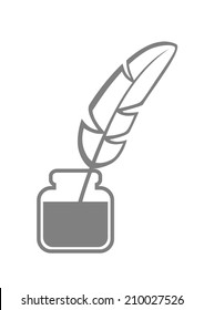 Grey quill and inkwell on white background