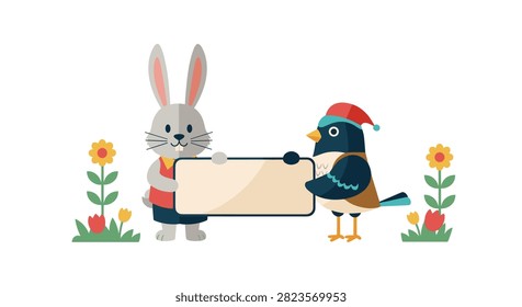 Grey rabbit and bird wearing red hat hold blank sign surrounded by flowers in isolated white background for greeting card or message.