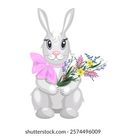 A grey rabbit with a bow around its neck and a bouquet of wildflowers, isolated on a white background.Vector bunny for holiday designs,children's textiles,postcards.