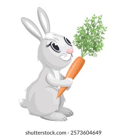 A grey rabbit with a carrot, isolated on a white background.Vector illustration for children's designs,textiles,Easter.