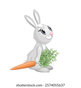 A grey rabbit with a carrot, isolated on a white background.Vector illustration for children's textiles, postcards.