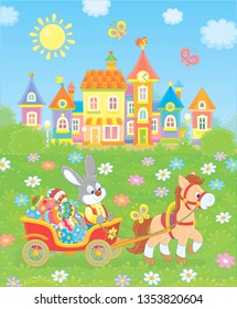 Grey rabbit carrying colored Easter eggs in its cart pulling by a small pony in front of a colorful toy town among green trees and flowers on a sunny spring day, vector illustration