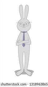 grey rabbit with glasses, tie, crossed forelegs, standing on white background
