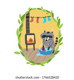 Grey raccoon washing clothes in basin in cosy burrow with hanging socks