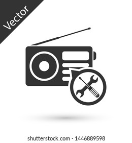 Grey Radio with screwdriver and wrench icon isolated on white background. Adjusting, service, setting, maintenance, repair, fixing.  Vector Illustration