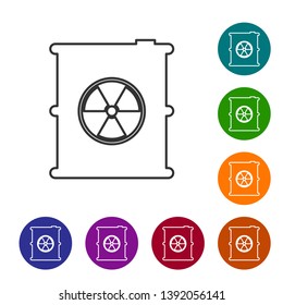 Grey Radioactive waste in barrel line icon isolated on white background. Toxic refuse keg. Radioactive garbage emissions, environmental pollution. Set icon in color circle buttons. Vector Illustration