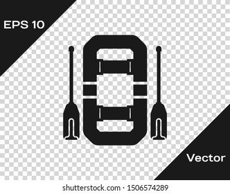 Grey Rafting boat icon isolated on transparent background. Inflatable boat with oars. Water sports, extreme sports, holiday, vacation, team building.  Vector Illustration