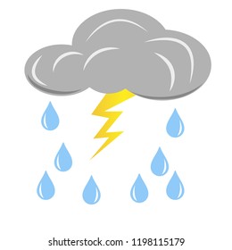 Grey rain cloud with lightning and raindrops. Vector design element isolated on light background.