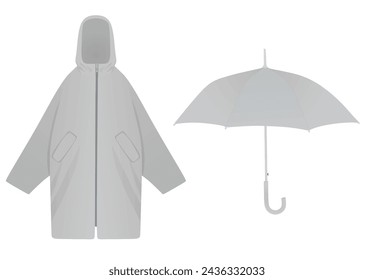 Grey  rain coat and umbrella. vector illustration