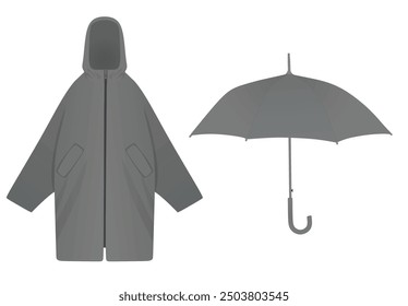 Grey  rain coat and umbrella. vector illustration
