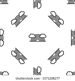 Grey Rainbow with clouds icon isolated seamless pattern on white background.  Vector Illustration
