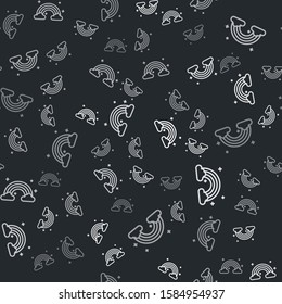 Grey Rainbow with clouds icon isolated seamless pattern on black background.  Vector Illustration