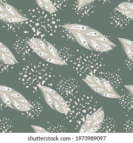 Grey random geometric leaf shapes seamless pattern in doodle style. Pale green background with splashes. Perfect for fabric design, textile print, wrapping, cover. Vector illustration.