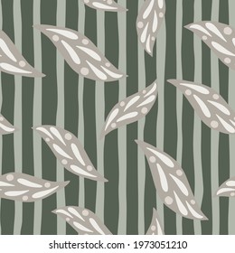 Grey random leaf shapes seamless pattern in hand drawn style. Striped background. Foliage simple artwork. Decorative backdrop for fabric design, textile print, wrapping, cover. Vector illustration.