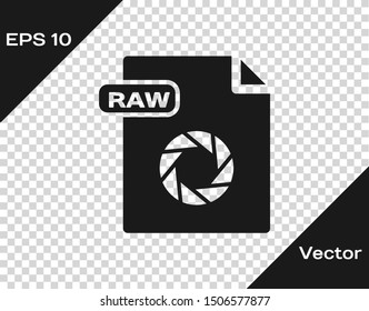 Grey RAW file document. Download raw button icon isolated on transparent background. RAW file symbol.  Vector Illustration