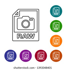 Grey RAW file document icon. Download raw button line icon isolated on white background. RAW file symbol. Set icon in color circle buttons. Vector Illustration