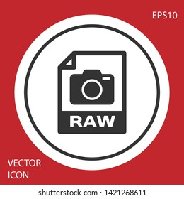 Grey RAW file document icon. Download raw button icon isolated on red background. RAW file symbol. White circle button. Vector Illustration