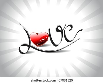 grey rays background with artistic love text with shiny red heart