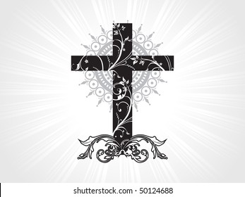 grey rays background with beautiful floral pattern cross