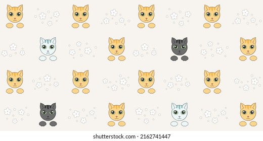 Grey, red and black cat faces and paws on a beige background with flowers. Endless texture with cute kittens. Vector seamless pattern for wrapping paper, cover, surface texture, nursery room and print