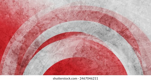 Grey and red circular stripes abstract background with grunge texture. Vector retro geometric graphic design