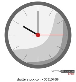 Grey and red colored flat clock. Vector illustration. 