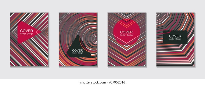 Grey with red cover templates for poster, brochure. Geometric shape, halftone lines pattern. Trendy vector brochure templates set, minimal line geometric backgrounds, educational covers.