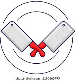 Grey And Red Cross Cleaver Knife Against Circle Background.