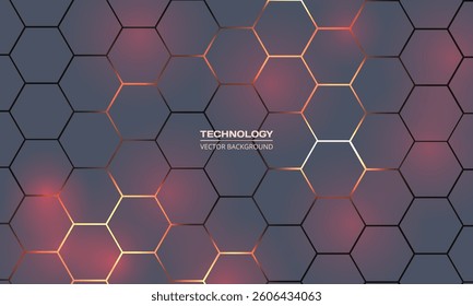 Grey and red hexagon abstract technology background with orange and yellow colored bright flashes. Hexagonal gaming vector abstract tech background.
