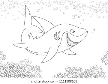 Grey reef shark swimming over a coral reef in a tropical sea, black and white vector illustration in a cartoon style for a coloring book